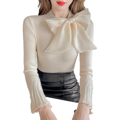 PERHAPS U Women Elegant Sweet Autumn Knitted Butterfly Collar Lace Up Bow Flare Sleeve Pullover Slim Sweater Blouse Tops M3005