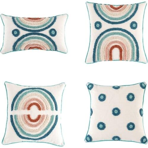 Woven Tufted Boho Throw Pillow Cover Morocco Decorative Rainbow Pattern Cushion Case Farmhouse Pillowcase for Couch Sofa