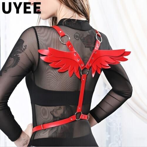 UYEE Sexy Red Wings Leather Harness Underwear goth Garter Belts Women Straps Bra Garter Sex Body Belts Waist To Leg Bondage Cage
