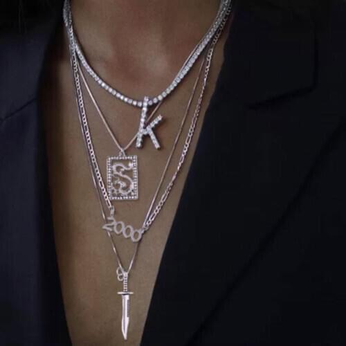 Silver Color Punk Crystal Letter Number Tennis Figaro Chain Multi-layer Necklaces Set Hip Hop Dragon Knife Pendant Long Necklace