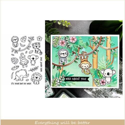 Monkey Koala Tiger Elephant Lion Letter Words Sentence Flower Branch Animals Clear Silicone Stamps Make Cards Embossing Paper