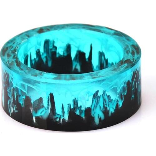 Glow Ring Blue Resin Ring Mountains Wooden Inside Magical World For Women Men Finger Rings Halloween Christmas Jewelry Gift