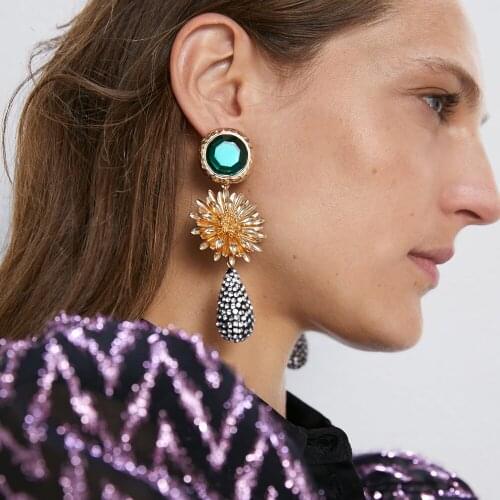 Vodeshanliwen ZA Metal Flower Earrings For Women Fashion Water Drop Rhinestone Dangle Earrings 2019 Vintage Accessory