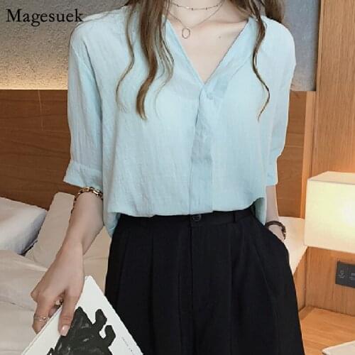 Korean Plus Size Solid Women Blouse Tops Summer Short Sleeve Blouses Women Casual White Loose Solid Office Lady Shirts New 13517