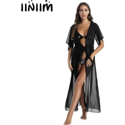Women Black Dresses Kimono Cardigan Belted Sexy Dress Erotic Underwear Beachwear Open Front Erotic Swimsuit Chiffon Cover Ups
