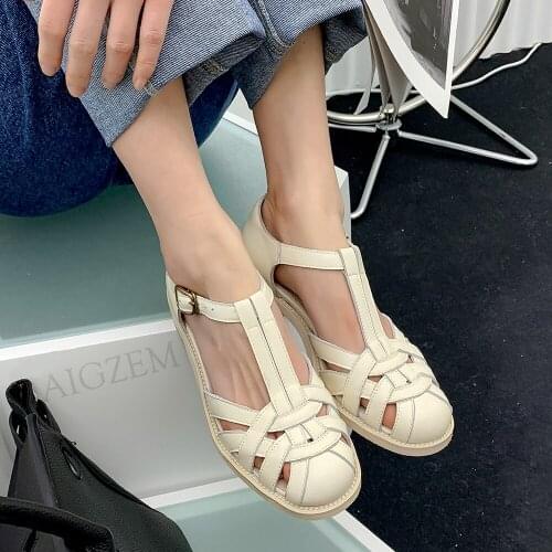 LAIGZEM FASHION Women Sandals Strappy Genuine Leather Low Block Heels Sandals Comfortable Shoes Woman T Straps Size 33 38 4143