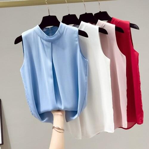 Korean Womens Tops and Blouses Chiffon Fashion Clothing Women Blouses Sleeveless STAND Neck Women Shirts Pink Red Black