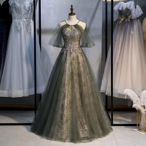 Bespoke Occasion Dresses Illusion O-Neck Short Sequined Crystal Beading Tulle Lace Backless Gray Women Formal Evening Gown HB109