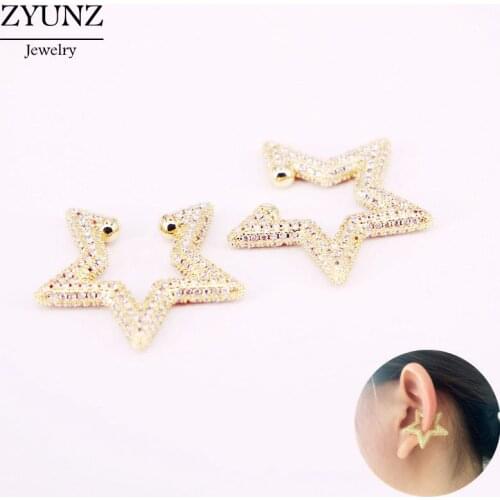 2 Pairs, Clear CZ Star Ear Cuff, Gold Color Micro Pave CZ Zircon Non Pierced Girl Women Clip Earring Cuff Earcuff Jewelry