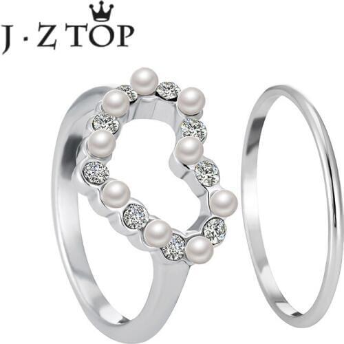 JZTOP Exquisite Heart Crystal Imitation Pearl Ring Set Woman Geometric Round Knuckle Ring Female Party Jewelry 2Pcs/set