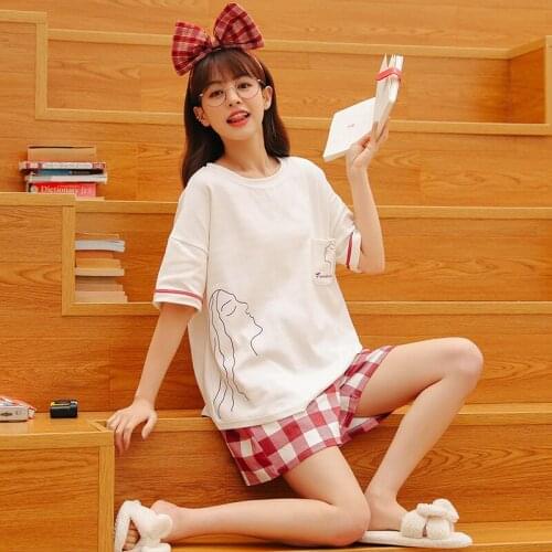 Summer Cotton Pajamas Womens Sleeveless Top and Shorts Kawaii Cartoon Loose Home Suit Sleerpwear Sets Woman Nightgown