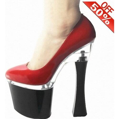 Summer Shallow Patent leather Spool heels Pumps 18cm High heeled shoes Novelty Fashion Female 7 inches Stage Show Models Concise