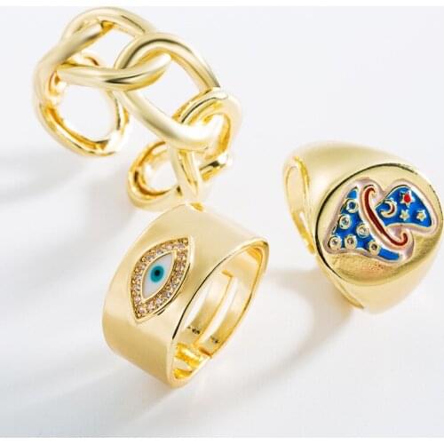 Minar 3 Styles Enamel Evil Eye Mushroom Charm Rings for Women Dainty Brass Gold Hollow Linked Chain Adjusting Open Ring 2021