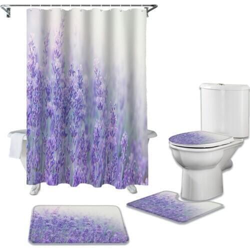 Fantasy Flower Lavender Plant Purple Shower Curtain Sets Non-Slip Rugs Toilet Lid Cover Bath Mat Waterproof Bathroom Curtains