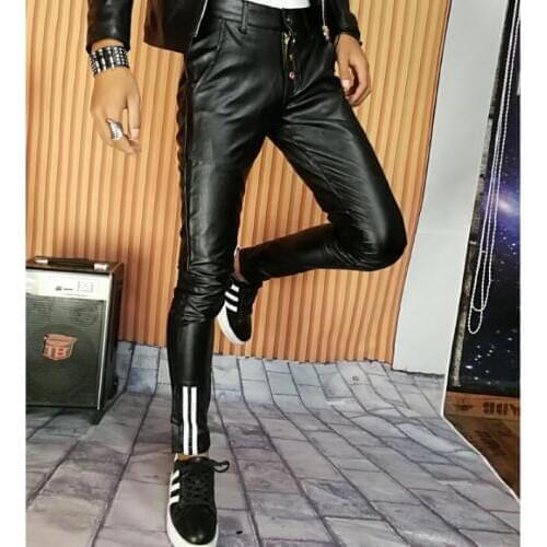 Autumn winter slim personality fashion indproof motorcycle leather pants mens feet pants pu trousers for men pantalon homme