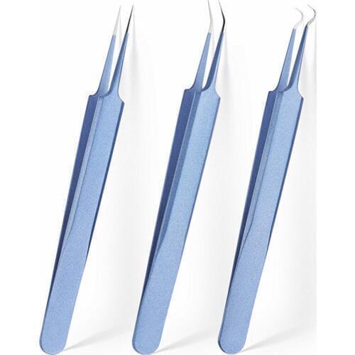 Tweezers Stainless Steel Blue for eyelash extension high-precision eyelash extension tweezers set Thin tip