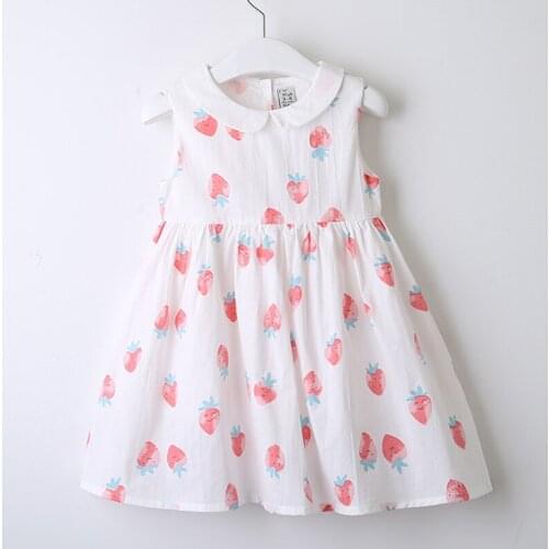 Girls Dresses 2020 Spring New Kids Wear Girls Simple Sweet Doll Collar Strawberry Cherry Print Fresh Vest Dress