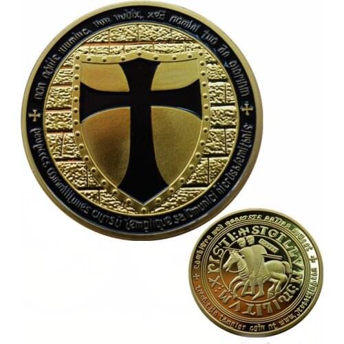 Gold Plated Masonic Knight Temple Black Cross Coins Freemasons Souvenir Coin Collection Holiday Gift