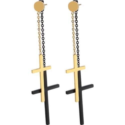 Fashion Women Girls Punk Color Rose Gold Stainless Steel Round Double Cross Jesus Chain Drop Earrings Jewelry