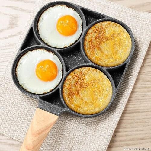 4 Hole Frying Pan Non Stick Breakfast Burger Egg Pancake Maker Wooden Handle Stone Four Hole Omelet Pan