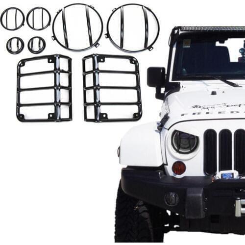 For 07-17 Jeep Wrangler JK Black Light Guard Covers Kit 8 Sets 7inch Front Headlights Rear Taillight Front Turn signal Covers