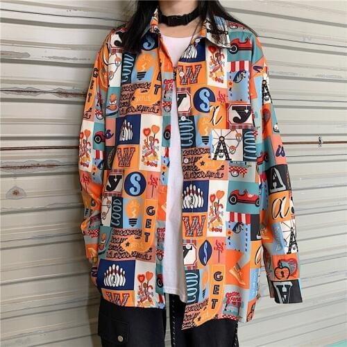 Lazy Wind Printed Loose Shirt Womens Shirts Ulzzang Japanese Kawaii Ladies Vintage Female Korean Harajuku Clothes For Women