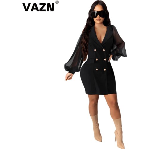 VAZN New 2020 Office Lady Party Night Shinny Bandage Dress Full Sleeve Sheath Dresses V-neck Mini Dress