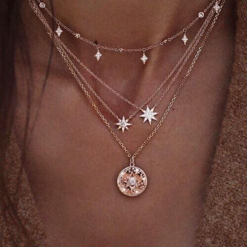 Vintage Geometric Coin Crystal Star Pendant Necklace Fashion Choker Necklaces For Women Jewelry Wedding Kpop Iron Chain