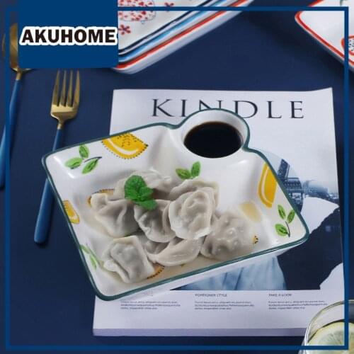 Japanese Dumpling Ceramic Plate with Vinegar Dish Underglaze Color Ceramic Mesh Red Dividing Plate Household Potato Chip Plate