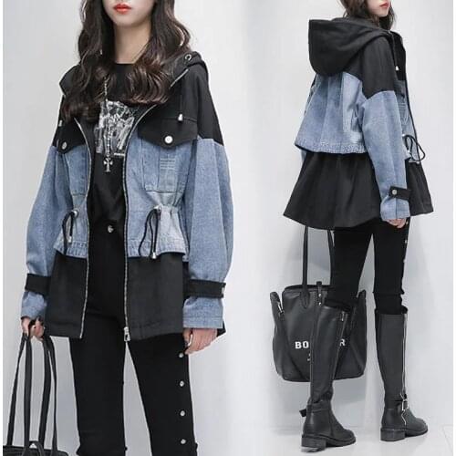Chic Women Denim Patchwork Windbreaker 2021 Autumn Oversize Drawstring Stitching Slim Waist Hooded Jean Jacket Mid-Length Coats