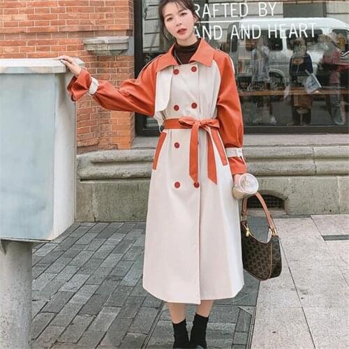 Contrasting Color Stitching Windbreaker Womens Mid-Length 2021 Spring Autumn Fashion New Loose Lapel Jacket Trendy H259