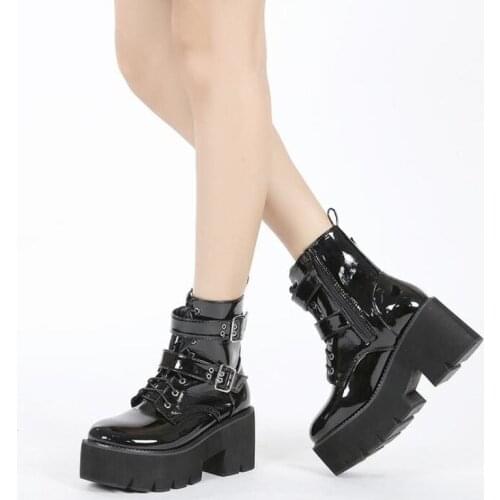 Demonia Boots Women Autumn New Patent Leather High-heel Thick-heel Short Boots Women Platform Motorcycle Boots plus big size 43