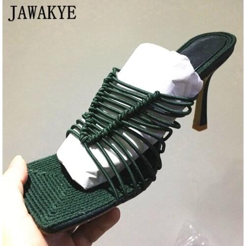 Narrow Band Runway Mules Women High Heels Slippers Real Leather Square Toe Stilettls Women Sandals Sexy Knotted Net Party Shoes