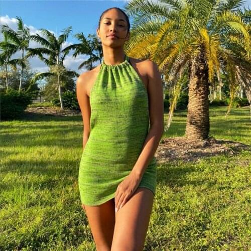 Women Y2K Ribbed Knit Dress Halter Backless Backless Bodycon Hip Mini Dress 90s Trendy Beach Dress E-Girl Clubwear Streetwear