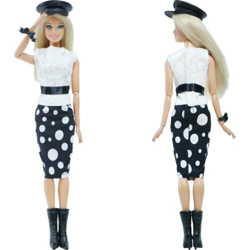 BJDBUS 1 Set Doll Outfit White Blouse Wave Point Skirt High Heels Shoes Cap Bracelet Elegant Lady Clothes for Barbie Doll Toys