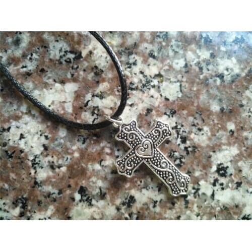 10 Blessing amulet love heart Cross Necklace Cute Cool Christian Cross Necklace Simple Faith Religious leather Necklace jewelry