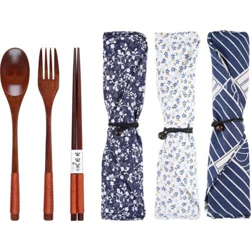 3/4Pcs Chinese Chopsticks Tableware Wooden Cutlery Sets With Spoon Fork Cloth Bag Environmentally Friendly Travel Portable