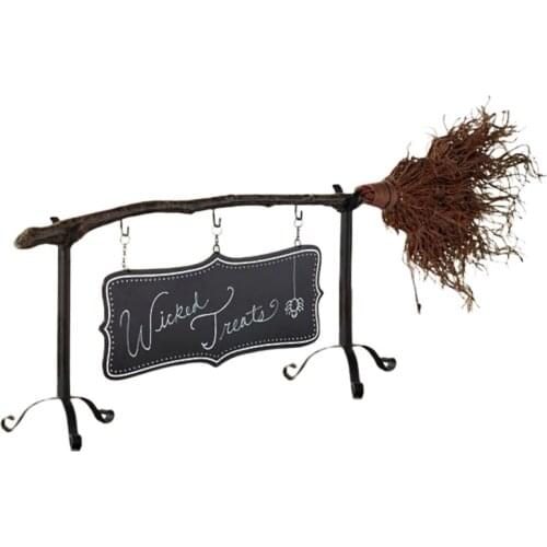896A Halloween Broomstick Witch Hat Snack Bowl Stand Listing Sign Rack with Removable Basket Organizer Resin Crafts Cute Party