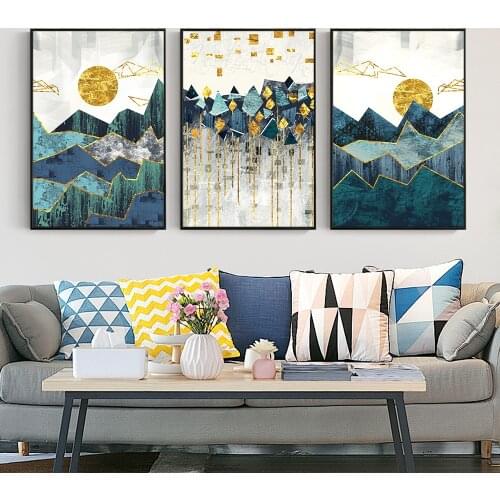 Abstract Green Mountain Gold Sun Painting Printed On Canvas Nordic Landscape Wall Art Picture Prints And Poster For Home Decor