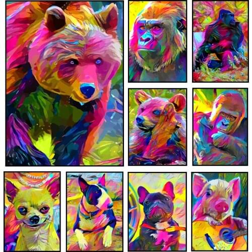 Watercolor Animal Art Dog Monkey Oil Canvas Paintings Wall Art Posters Prints Wall Pictures for Kids Room Home Cuadros Decor