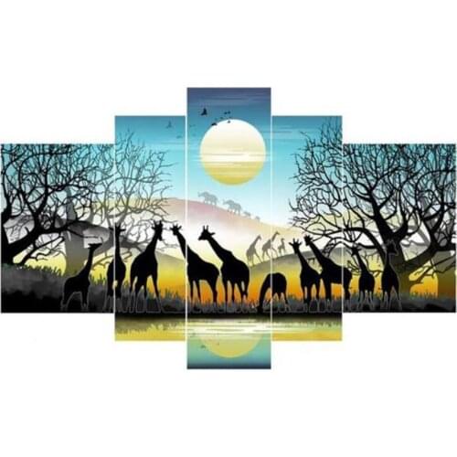Multi-Panel 5D Diamond Painting Giraffe Elephant Africa Grassland Picture Diamond Embroidery 5 Piece Set Landscape Puzzle Mosaic
