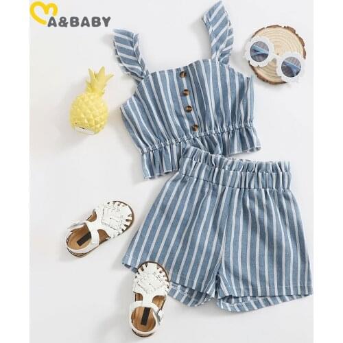Ma&Baby 3-8Y Summer Child Kid Girl Clothes Set Blue Striped Ruffles Vest Tops Shorts Outfits Beach Holiday Costumes