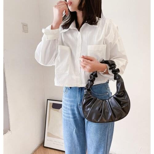 Fashion Women Pure Color Pleated Handbags PU Leather Shoulder Underarm Bag Ladies Vintage Casual Large Capacity Top-handle Bag