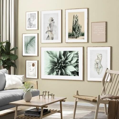 Green Plant Cactus Canvas Painting Abstract Woman Nordic Poster Simplicity Print Wall Art Picture Living Room Modern Home Decor