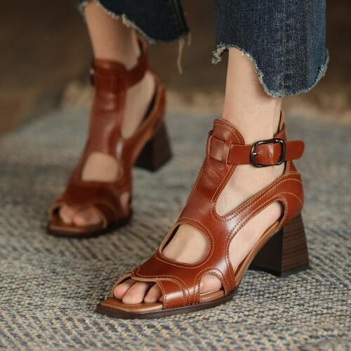 2021 Fashion Women Genuine Leather Sandals High Heel Ladies Summer Shoes Chunky Heels Girls Roman Style Sandalias Brown/Khaki