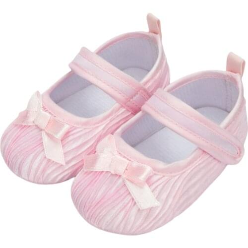 Newborn Bowknot Princess Shoes Baby Girls Non-slip Sole Solid Color Prewalker Crib Shoes 0-18Months (White, Pink)