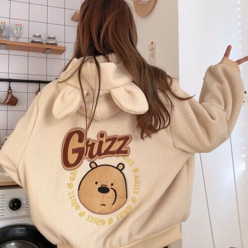 Autumn Winter Zipper Coat Sweet Hooded Bear Print Harajuku Loose Pocket Hoodies Womens Fleece Flannel Pullover Female Sweatshirt