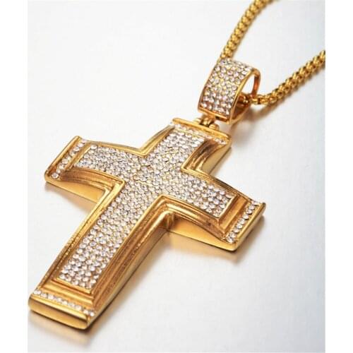 Big Cross Pendant Necklaces Male Gold Color Stainless Steel Micro Pave CZ Jesus Cross Necklace For Men Hip Hop Iced Out Jewelry