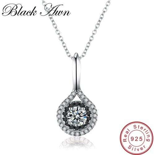 [BLACK AWN] 925 Sterling Silver Fine Jewelry Trendy Engagement Necklace for Women Black Spinel Necklaces Pendants P163