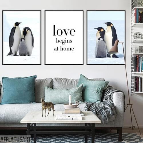 Penguin Painting Love Begins At Home Wall Art Canvas Pictures Home Decoration Poster Nordic Minimalist Prints Modular Bedroom